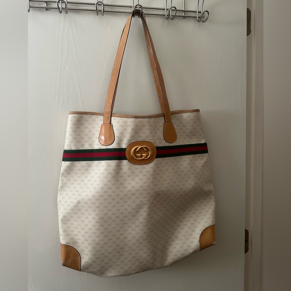 Gucci Cream and Tan Monogram Tote Bag